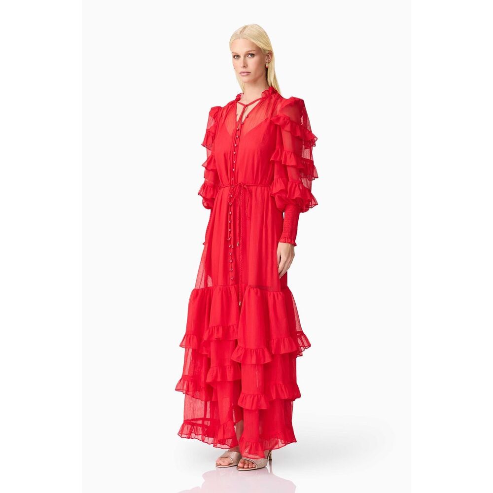 ELLIATT Lilja Long Sleeve Maxi Dress in Red Wedding Guest Cocktail Size S NWT - Picture 2 of 8